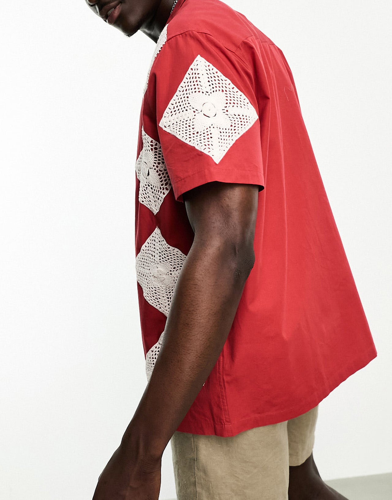 ASOS DESIGN relaxed revere crochet shirt in red