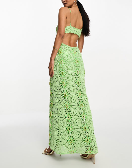 ASOS DESIGN pearl embellished sweetheart neck crochet maxi dress with split in bright green