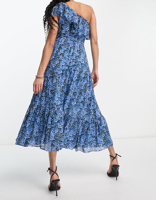 Whistles one shoulder tiered midi dress in bold blue floral