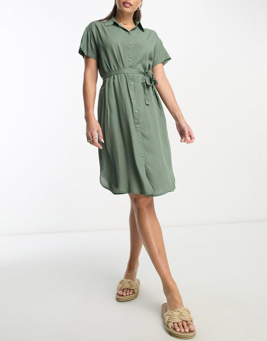 Vero Moda Tall shirt midi dress with tie belt in green