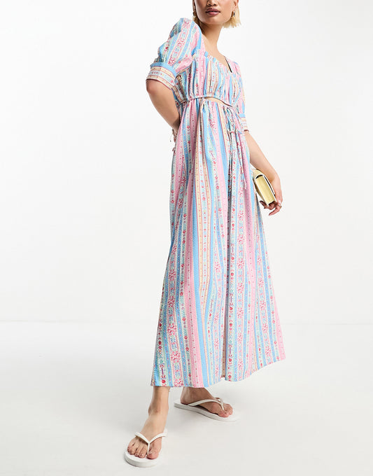 Damson Madder painted chintz stripe cut-out midi dress in multi