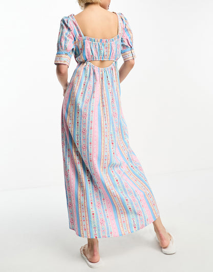 Damson Madder painted chintz stripe cut-out midi dress in multi