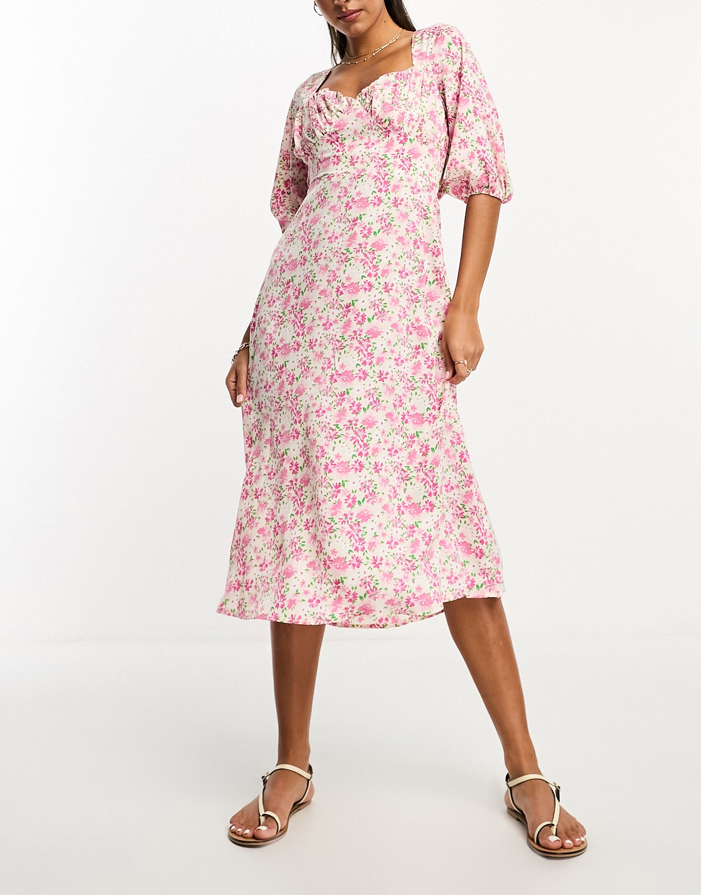 Lola May tie back puff sleeve midi smock dress in pink floral print