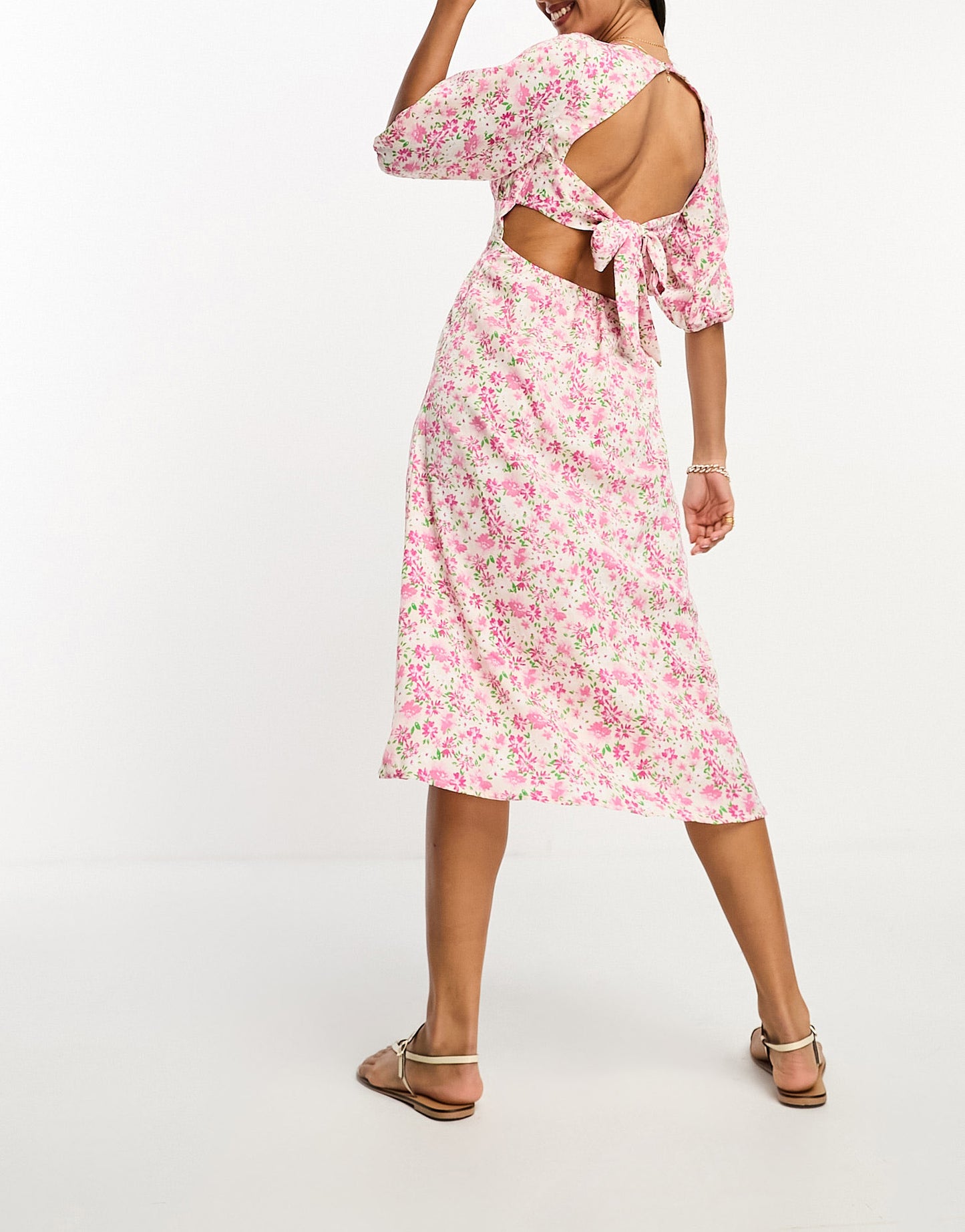 Lola May tie back puff sleeve midi smock dress in pink floral print