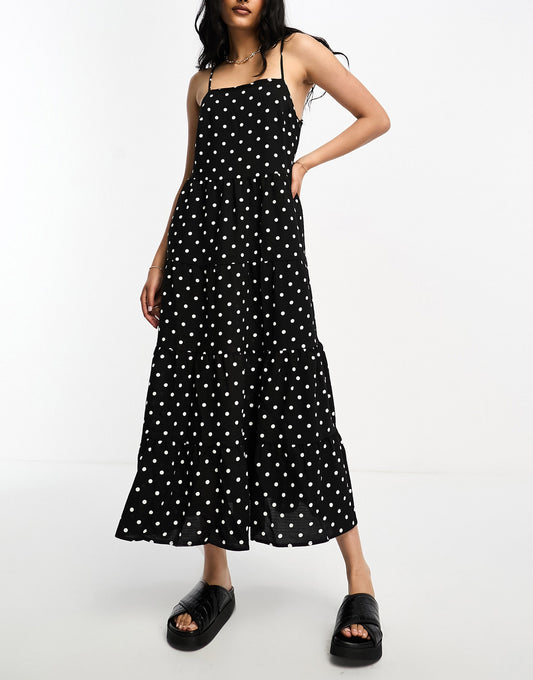 Lola May square neck trapeze midi dress in black polka dot