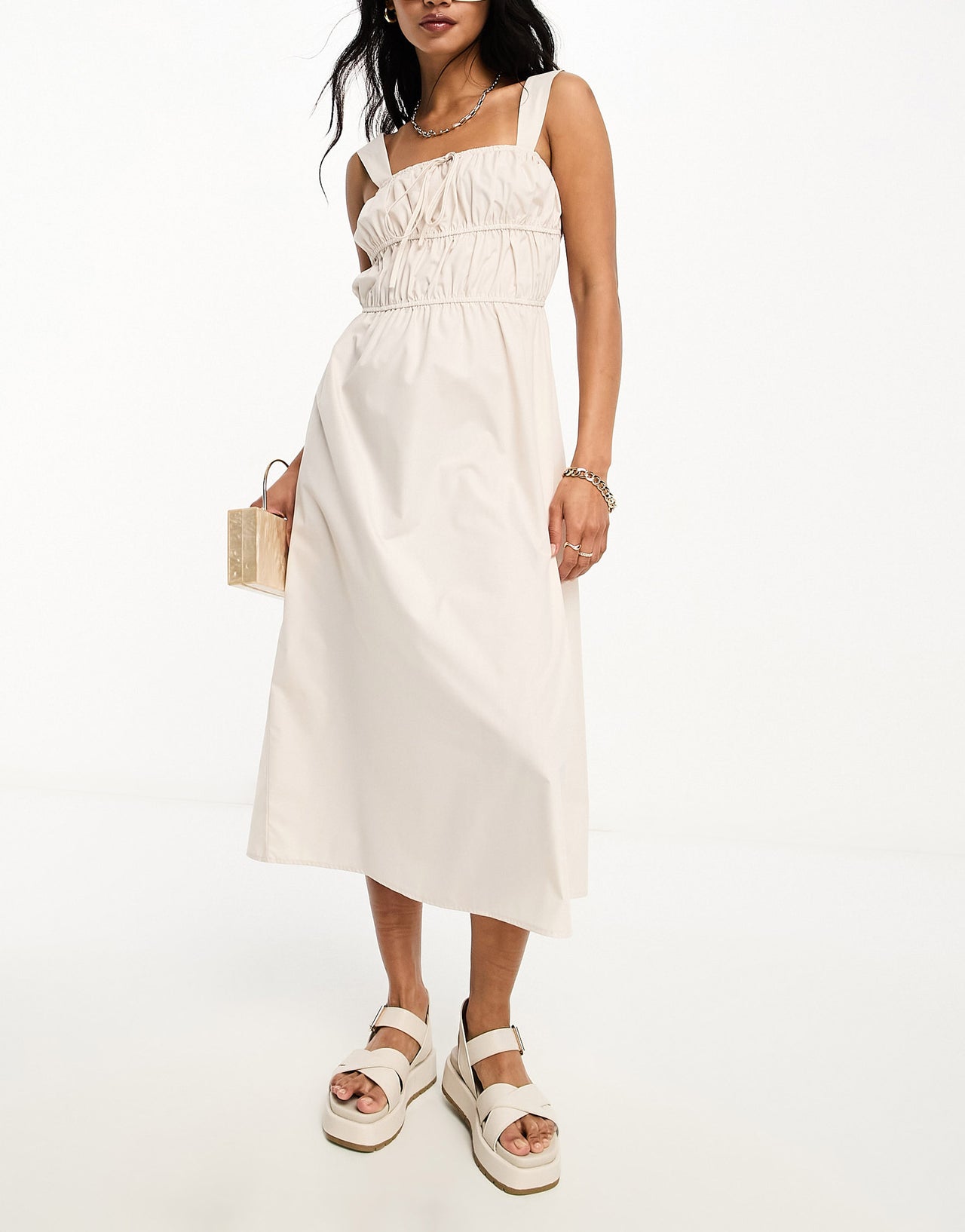Lola May shirred tie front midi dress in stone