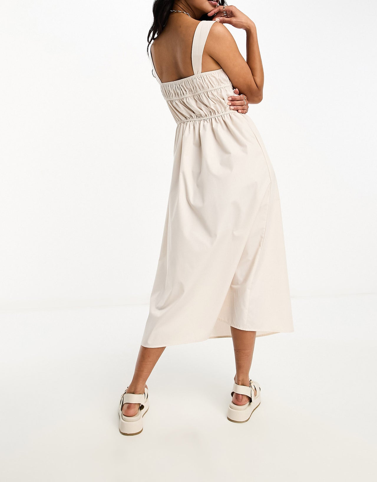 Lola May shirred tie front midi dress in stone