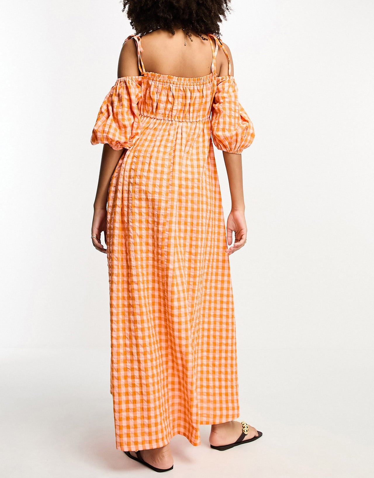 ASOS DESIGN off shoulder cotton maxi dress with ruched bust detail in pink and orange gingham