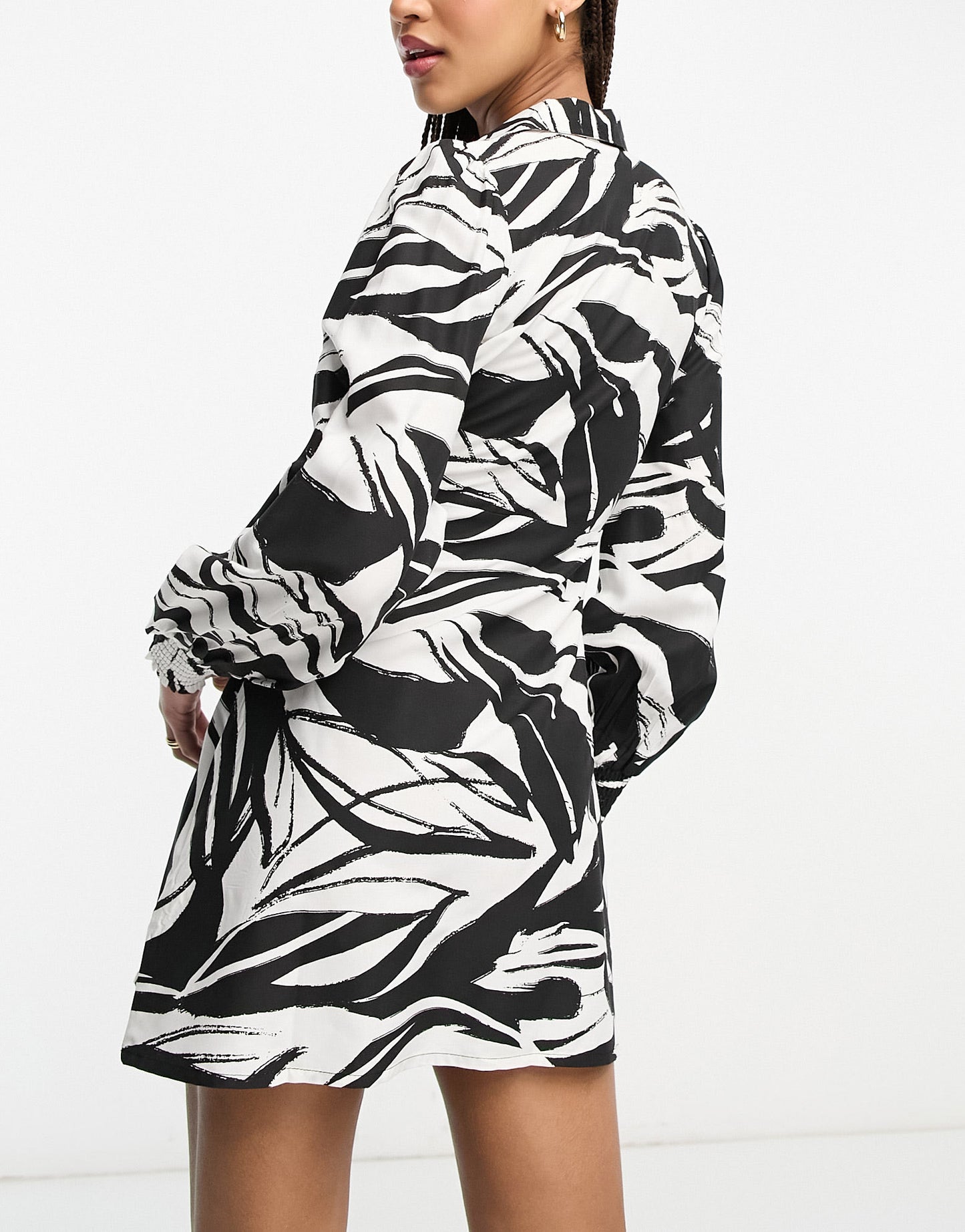 New Look collared wrap shirt mini dress in black abstract print