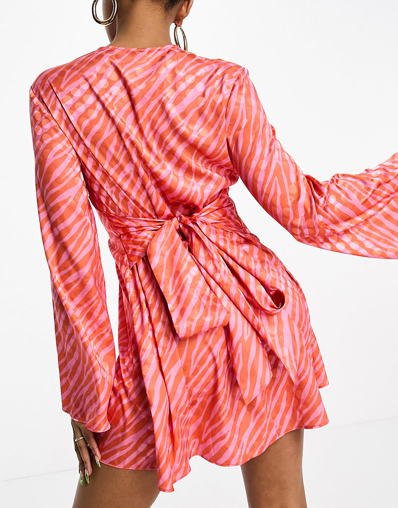 Style Cheat tie front jacquard mini dress in red and pink zebra ASOS