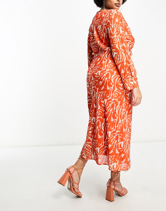 Pretty Lavish Curve long sleeve tie midaxi dress in orange zebra