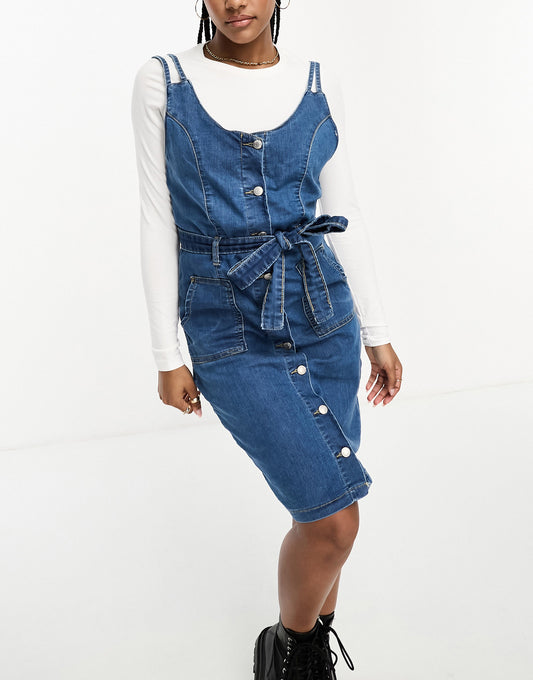 DTT denim buckle strap midi dress with tie waist in mid blue