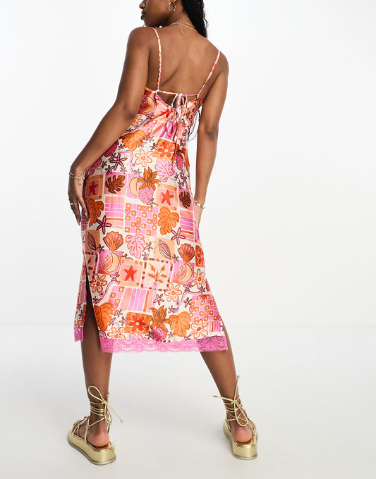 Neon Rose tropical tile print satin midi dress in multi