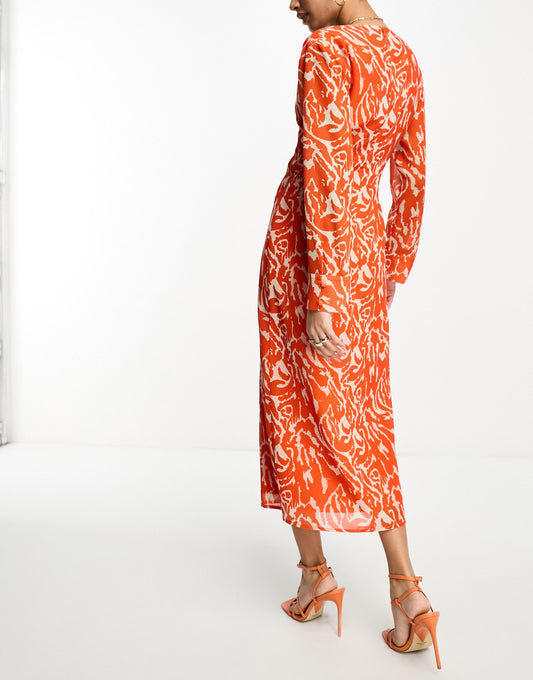 Pretty Lavish long sleeve tie midaxi dress in orange zebra