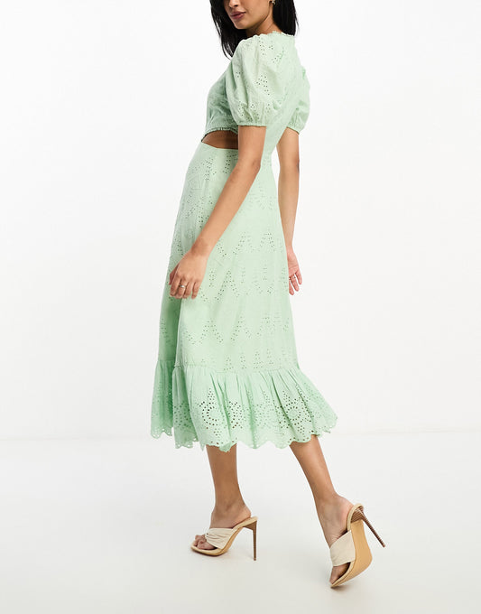 French Connection broderie midi dress with cut out in mint