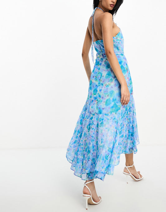 French Connection halterneck hi-lo midi dress in blue smudge floral