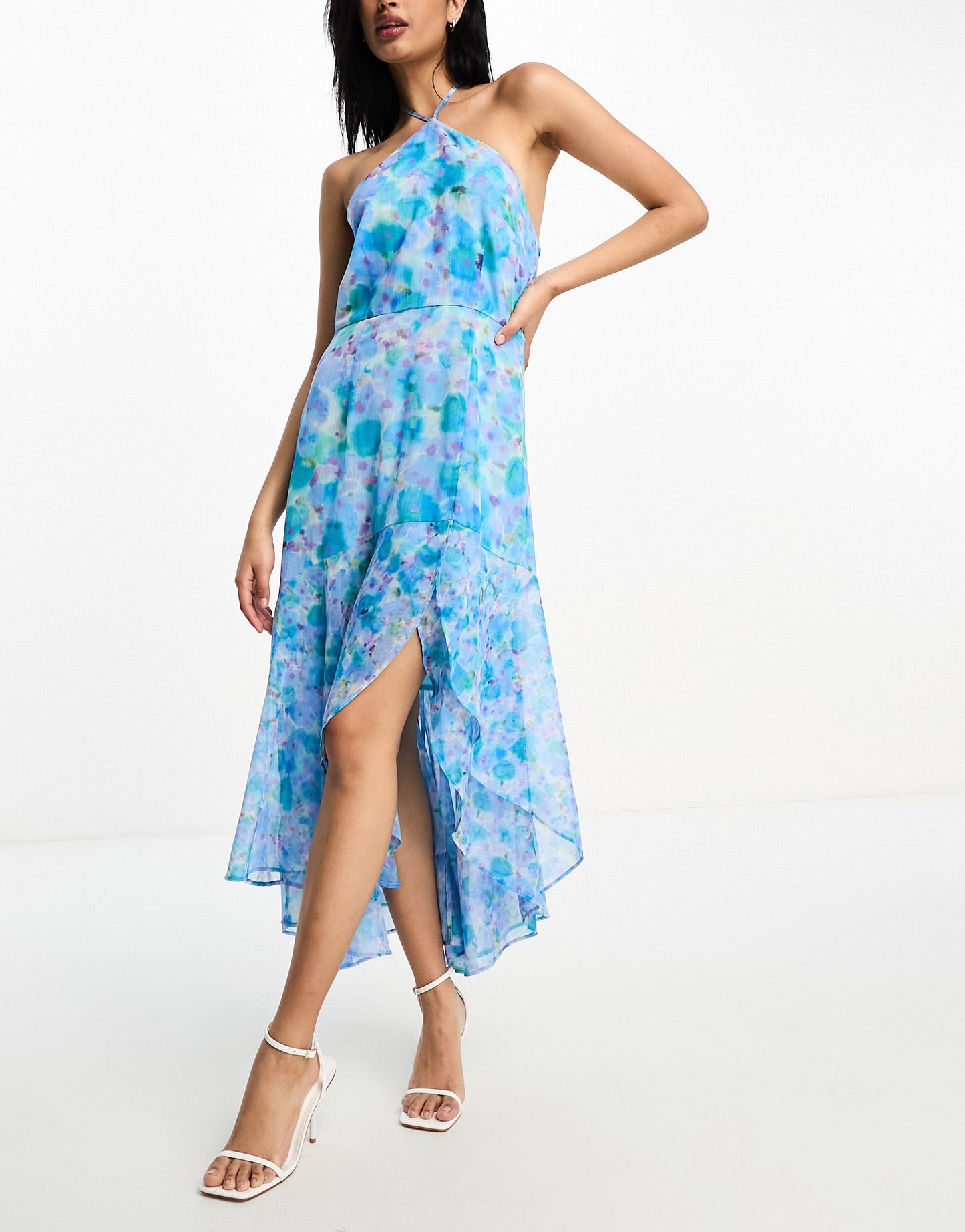 French Connection halterneck hi-lo midi dress in blue smudge floral