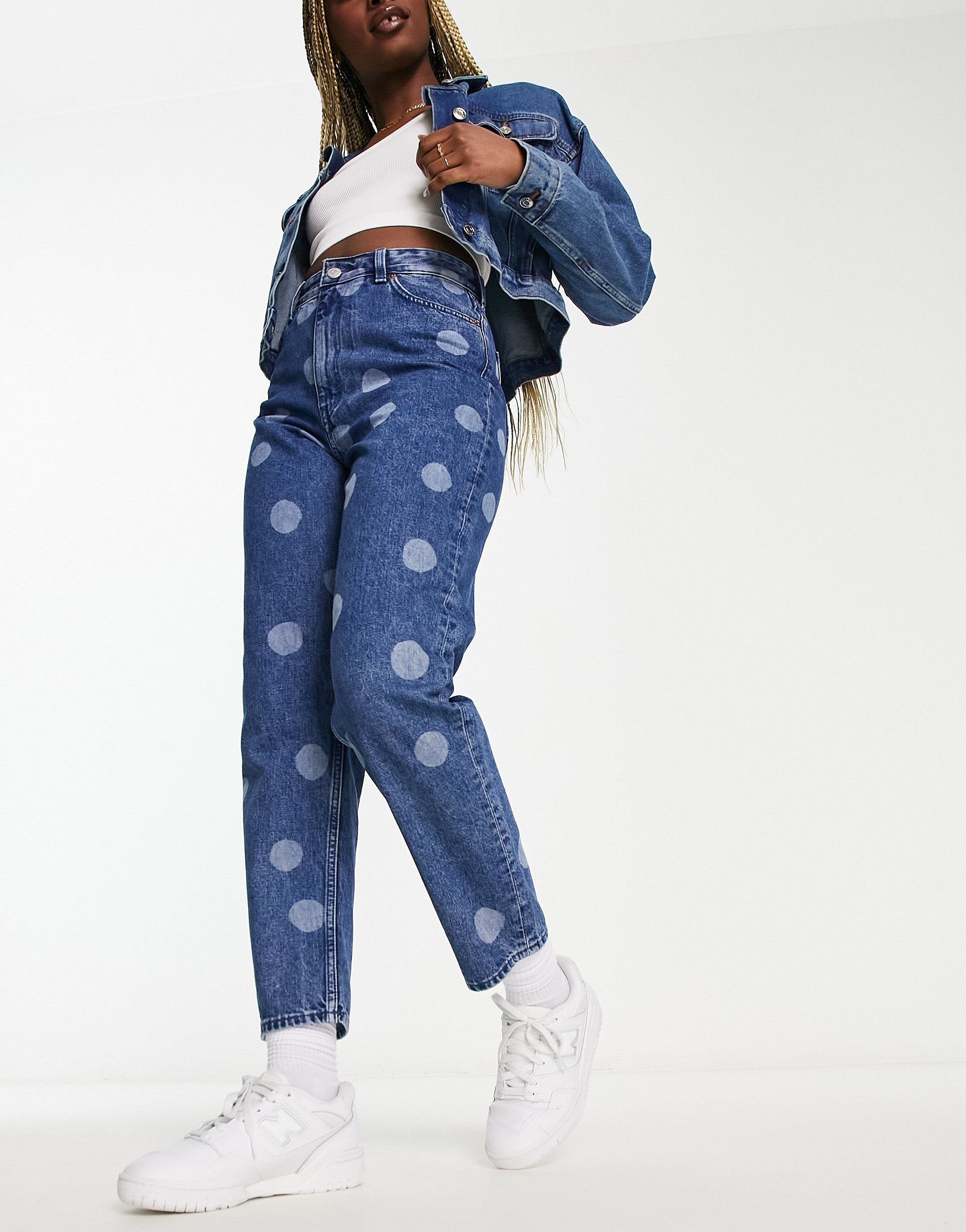 Monki wide leg cropped jeans in blue spot print ASOS Sample Sale