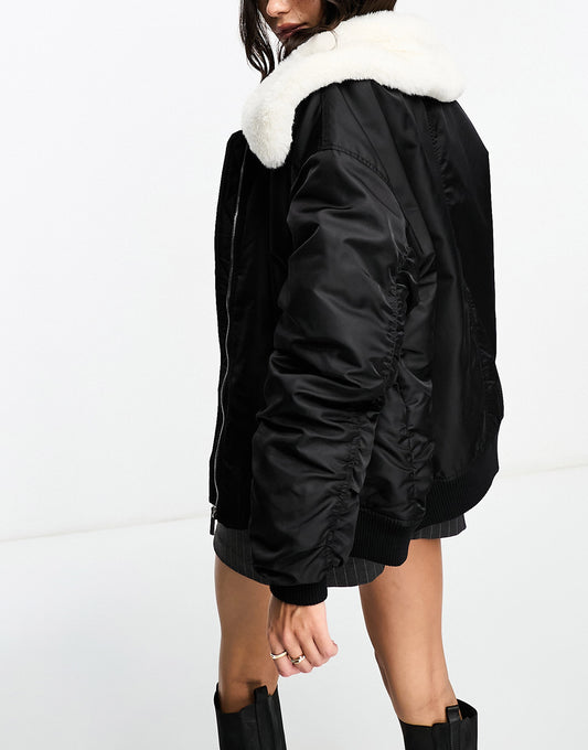 Miss Selfridge faux fur collar bomber jacket in black