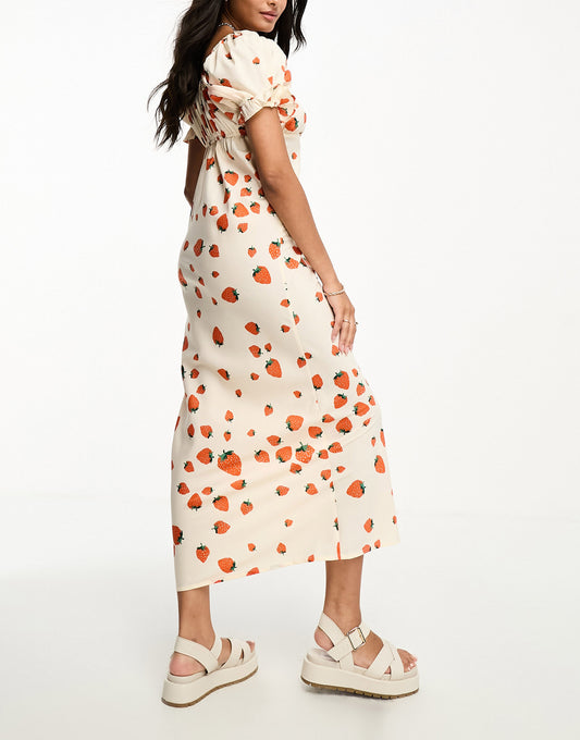 Wednesday's Girl strawberry print milkmaid midaxi dress in cream
