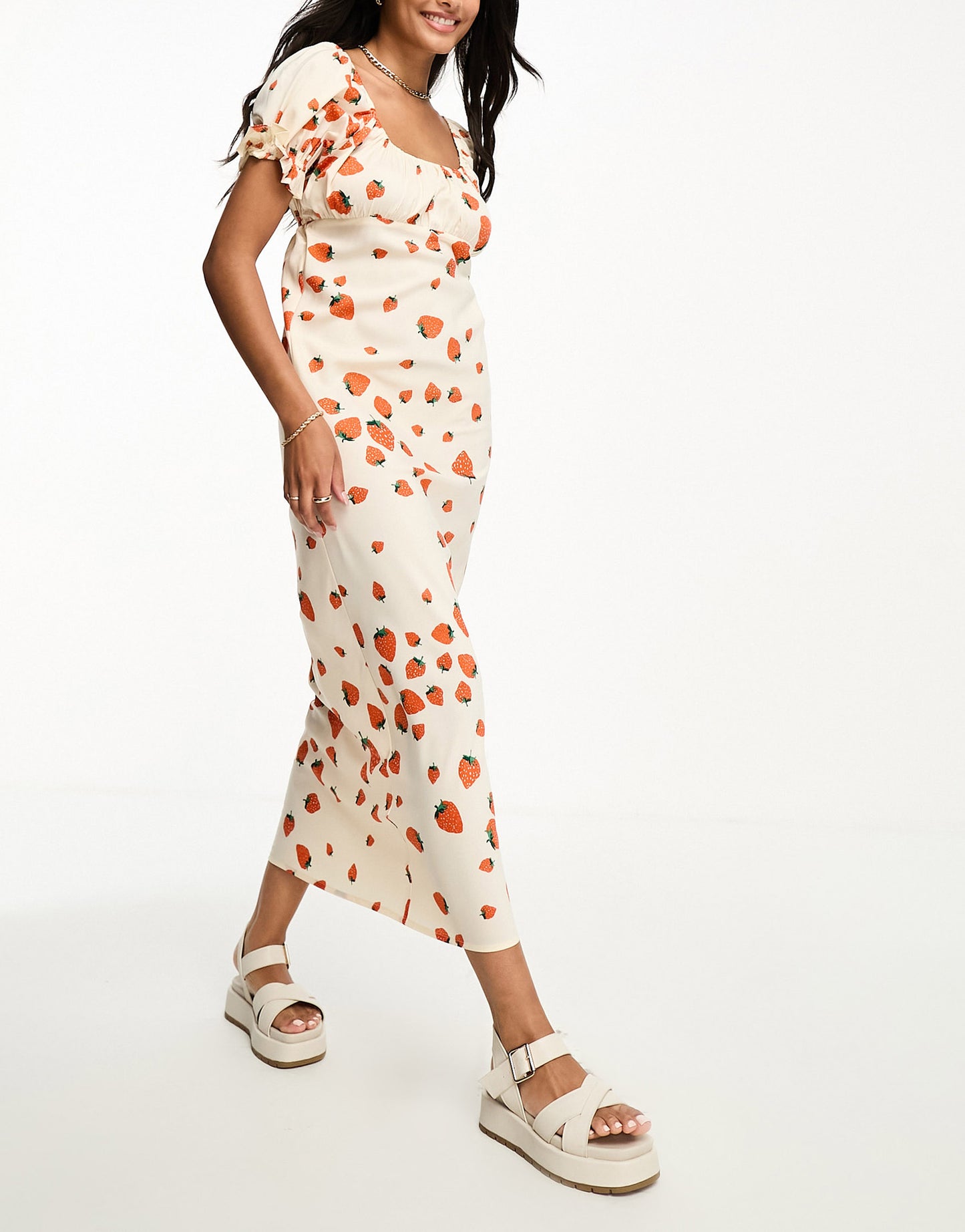 Wednesday's Girl strawberry print milkmaid midaxi dress in cream