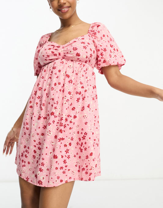 Wednesday's Girl puff sleeve ditsy floral print mini dress in pink