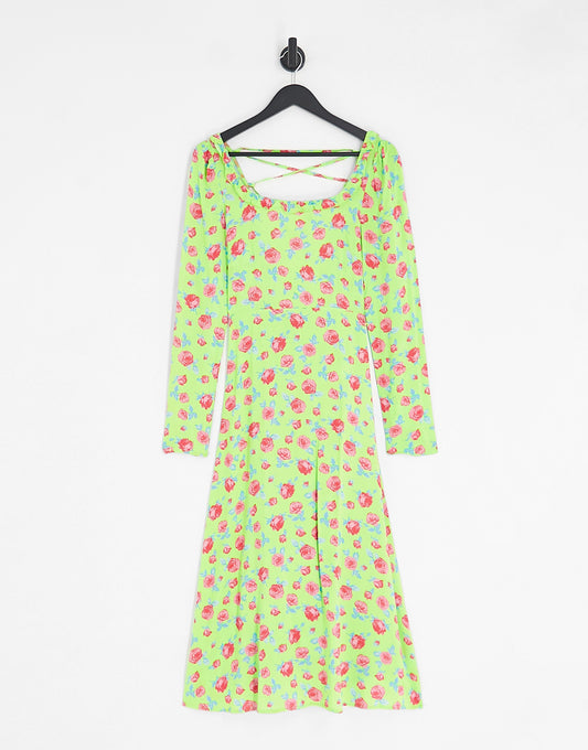 Vila square neck midi dress with lace up back in green floral print