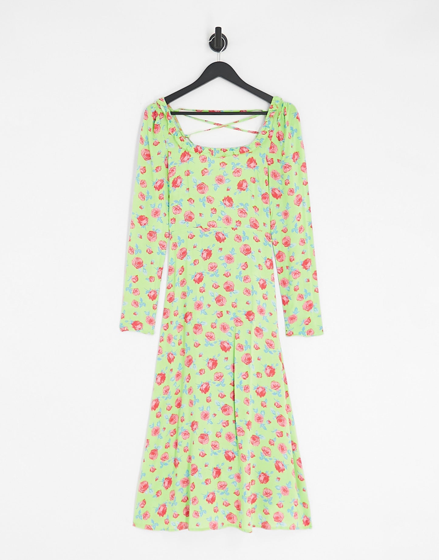 Vila Petite square neck midi dress with lace up back in green floral print