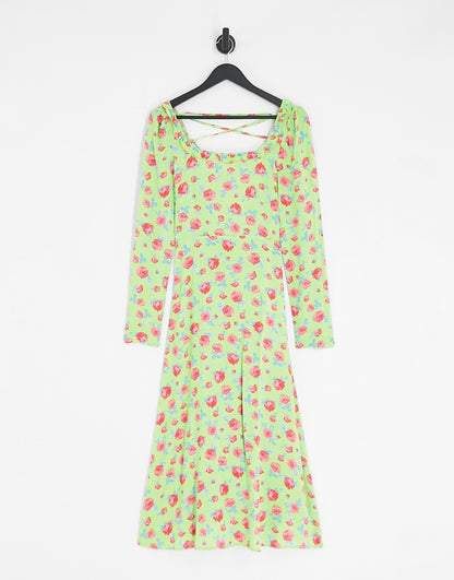 Vila Petite square neck midi dress with lace up back in green floral print