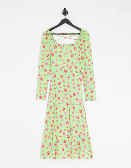 Vila Petite square neck midi dress with lace up back in green floral print