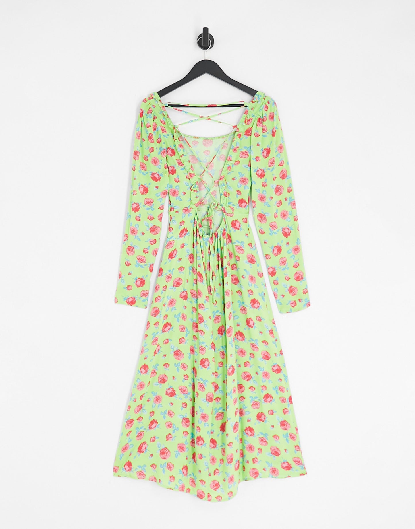 Vila Petite square neck midi dress with lace up back in green floral print