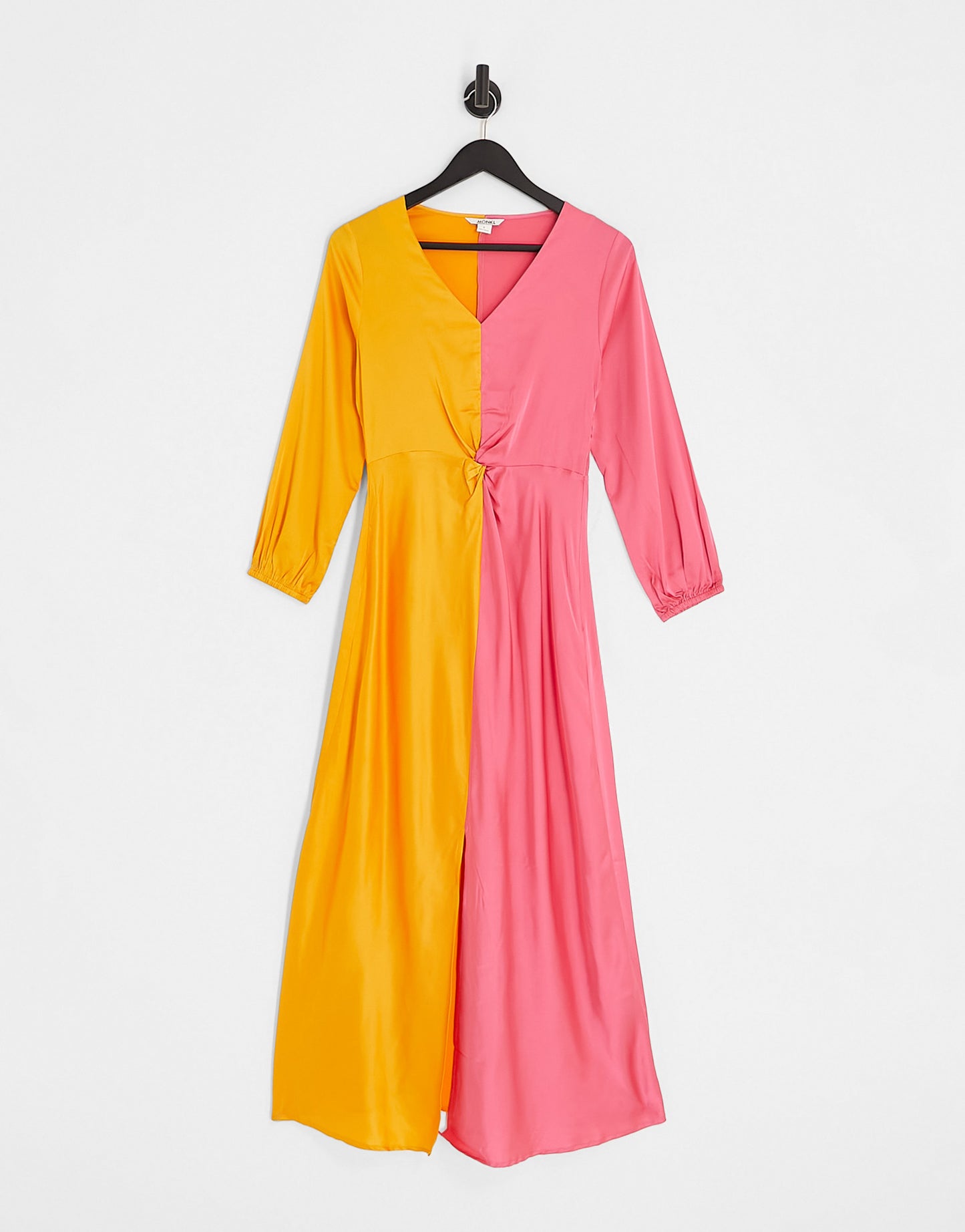 Monki long sleeve ruched satin colour block front maxi dress in multi