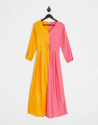 Monki long sleeve ruched satin colour block front maxi dress in multi