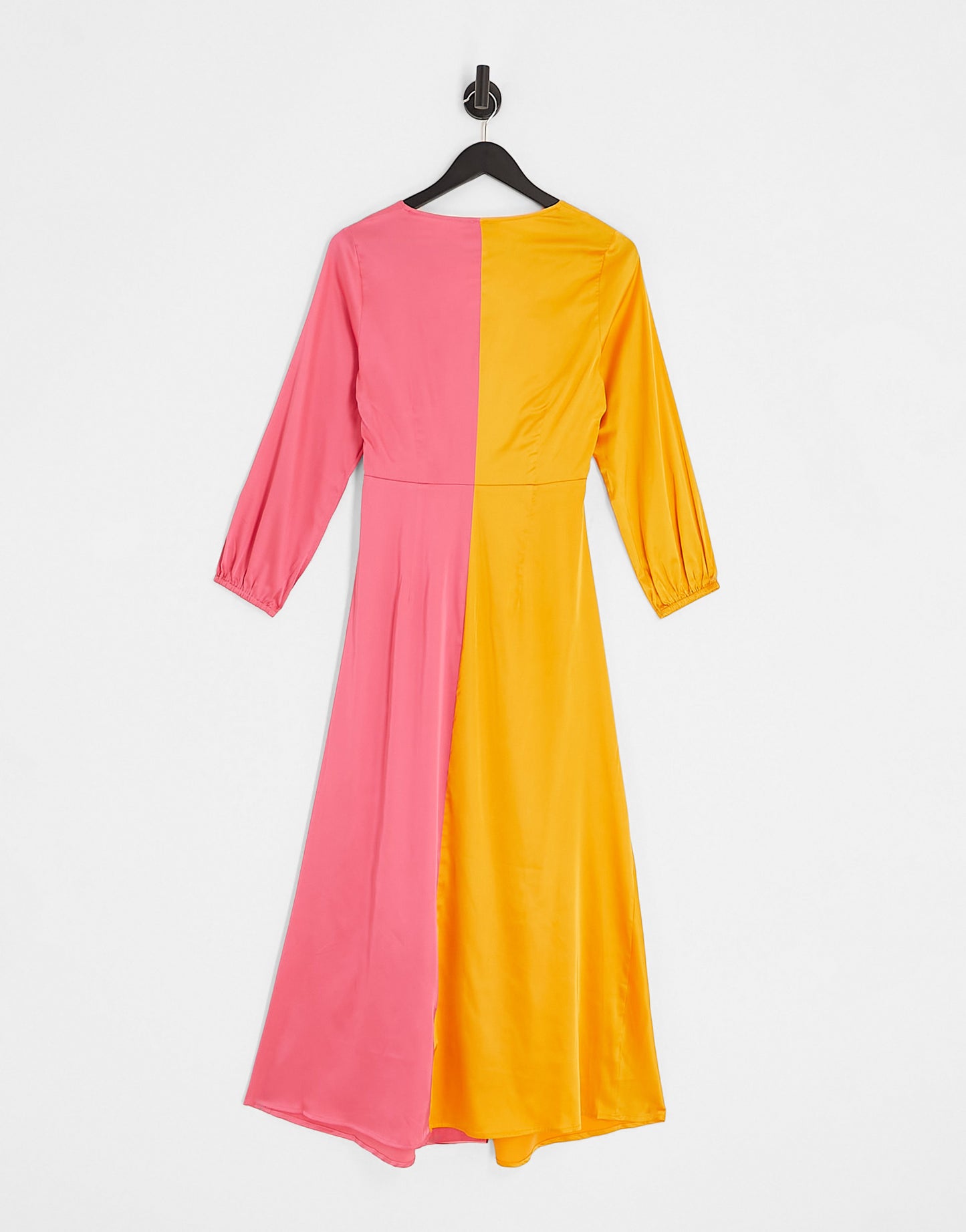 Monki long sleeve ruched satin colour block front maxi dress in multi