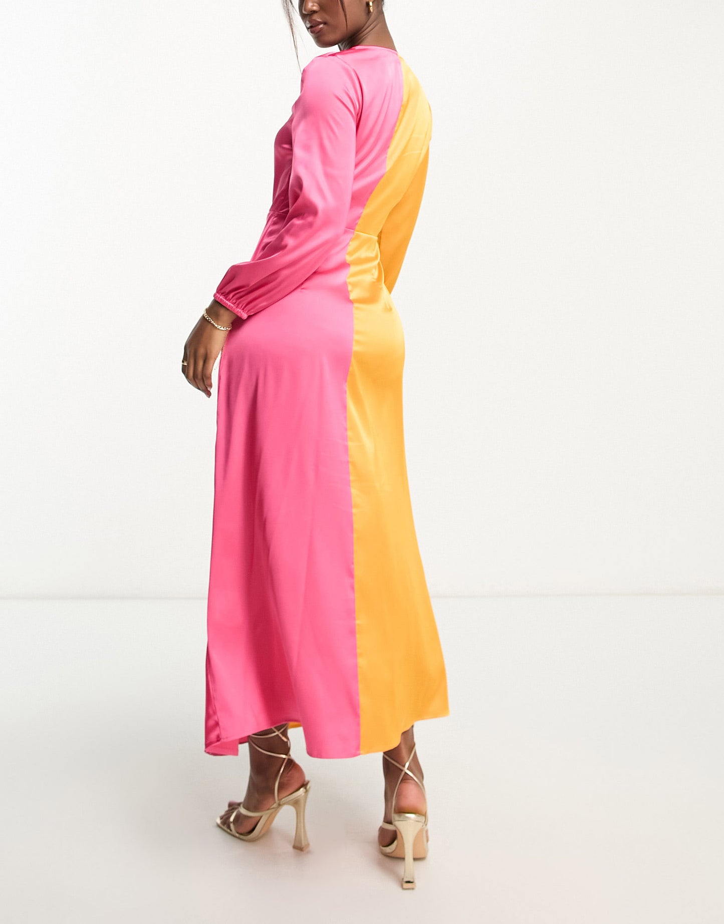 Monki long sleeve ruched satin colour block front maxi dress in multi