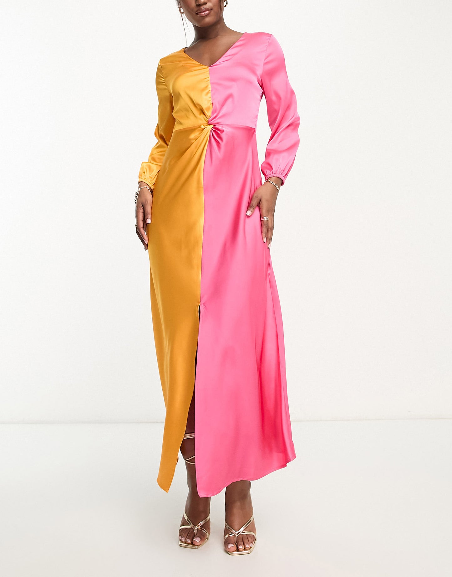 Monki long sleeve ruched satin colour block front maxi dress in multi
