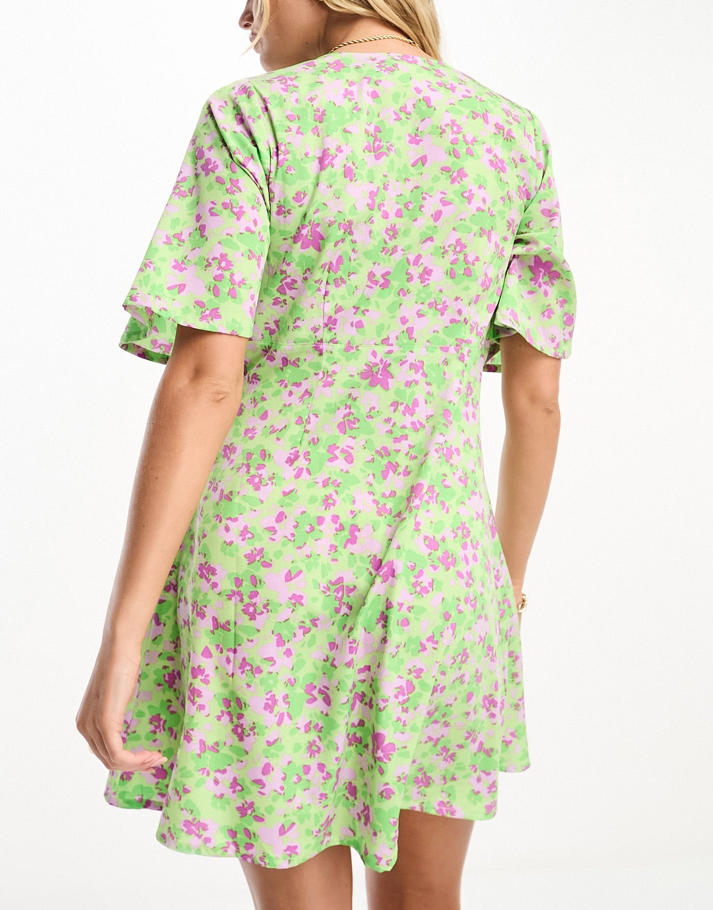 Influence v neck mini dress in green and lilac floral print
