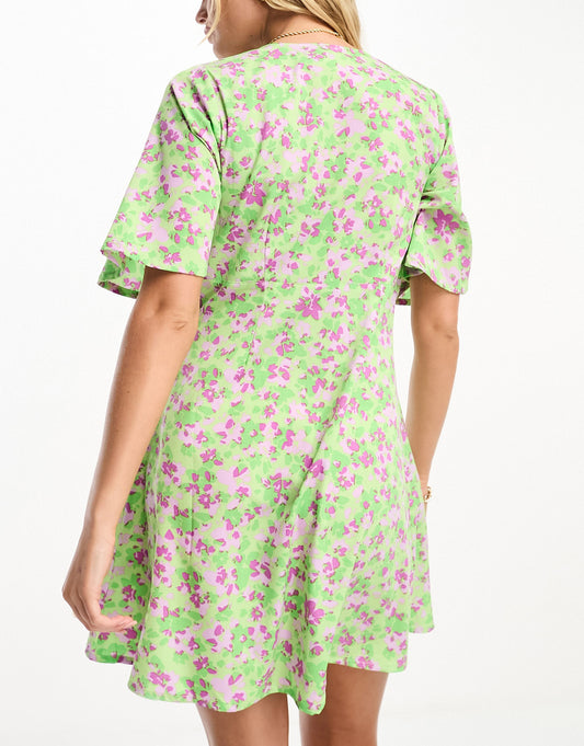 Influence v neck mini dress in green and lilac floral print