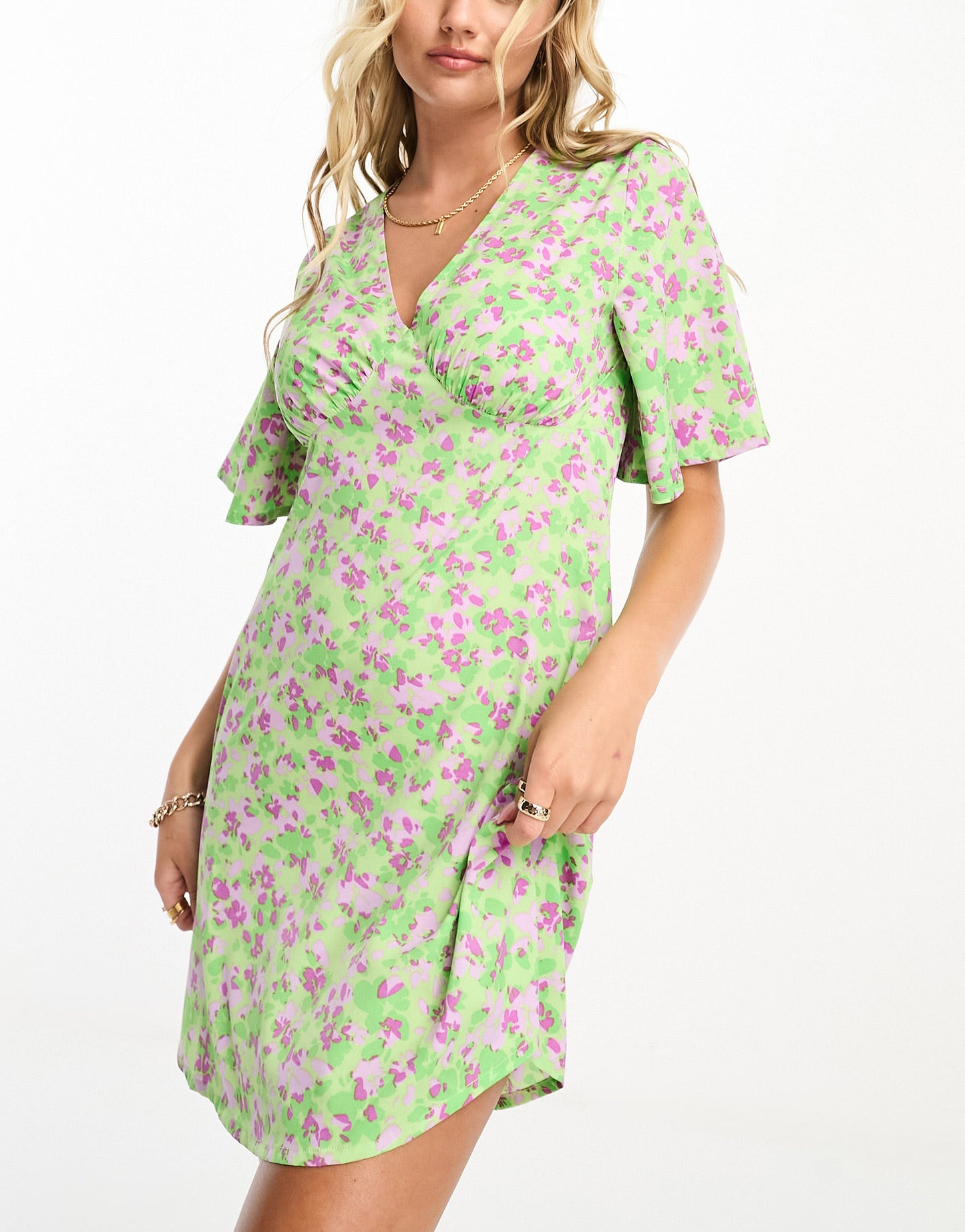 Influence v neck mini dress in green and lilac floral print