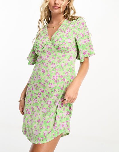 Influence v neck mini dress in green and lilac floral print