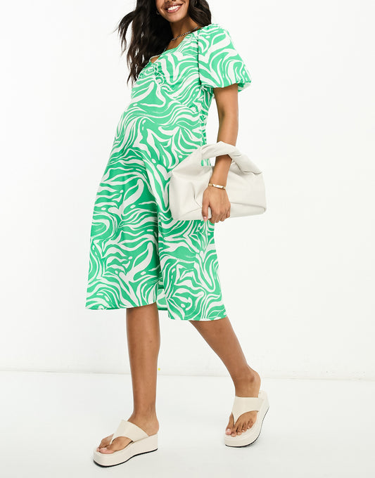 Influence Maternity v neck midi dress in green abstract print
