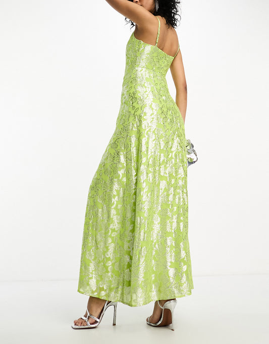ASOS DESIGN trapeze maxi slip dress in lime metallic jacquard