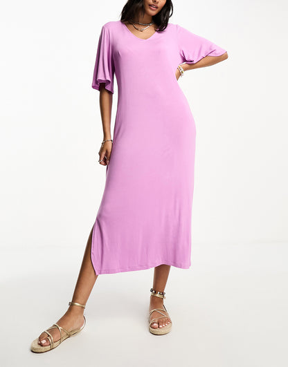 Pieces v neck maxi t-shirt dress in pink