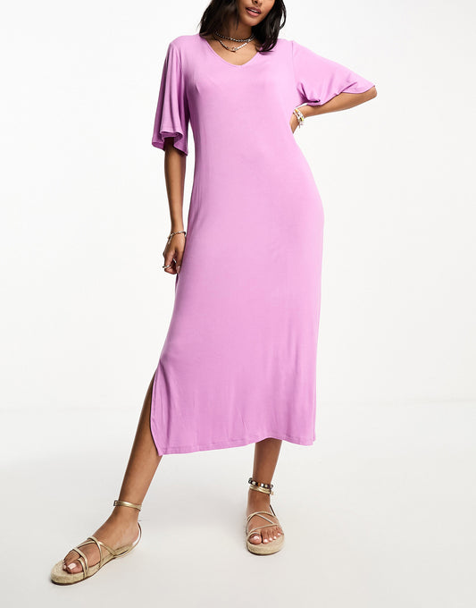 Pieces v neck maxi t-shirt dress in pink