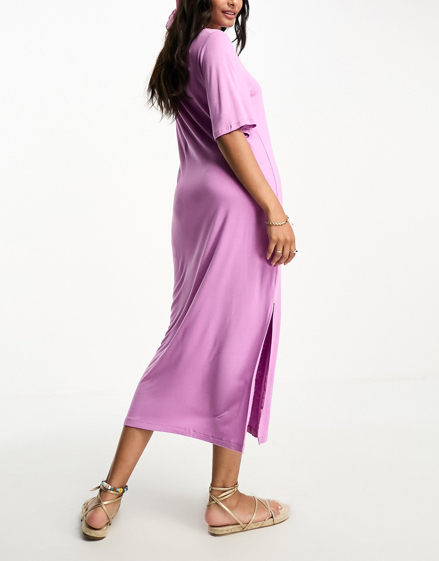 Pieces v neck maxi t-shirt dress in pink