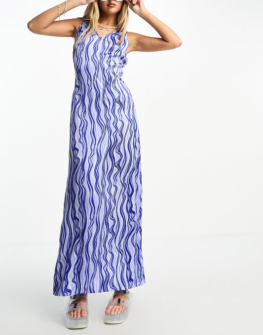 Heartbreak satin flippy hem maxi dress in blue swirl print