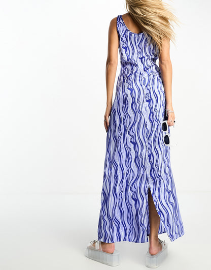Heartbreak satin flippy hem maxi dress in blue swirl print