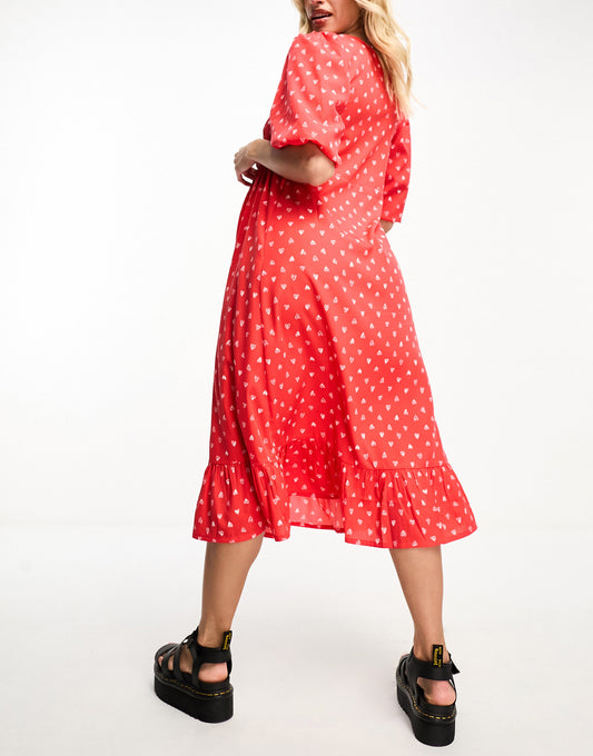 Violet Romance Maternity puff sleeve midi dress in red heart print