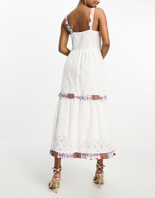 Never Fully Dressed Petite contrast check broderie midaxi dress in ivory