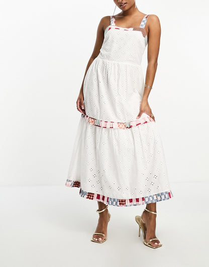Never Fully Dressed Petite contrast check broderie midaxi dress in ivory